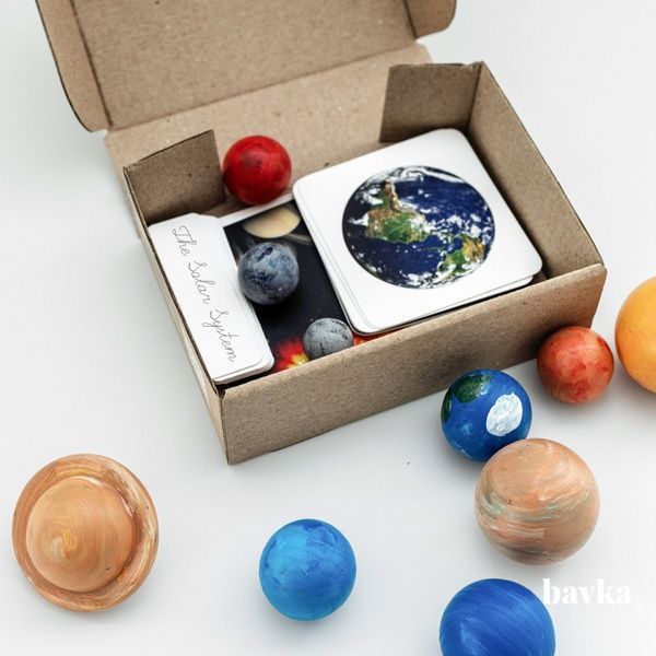 Montessori Solar System Set &mdash; Wooden Figures + 3-Part Cards